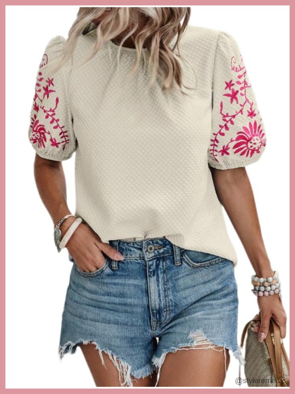 Women's Floral Embroidered Boho Top Puff Sleeve Loose Blouse